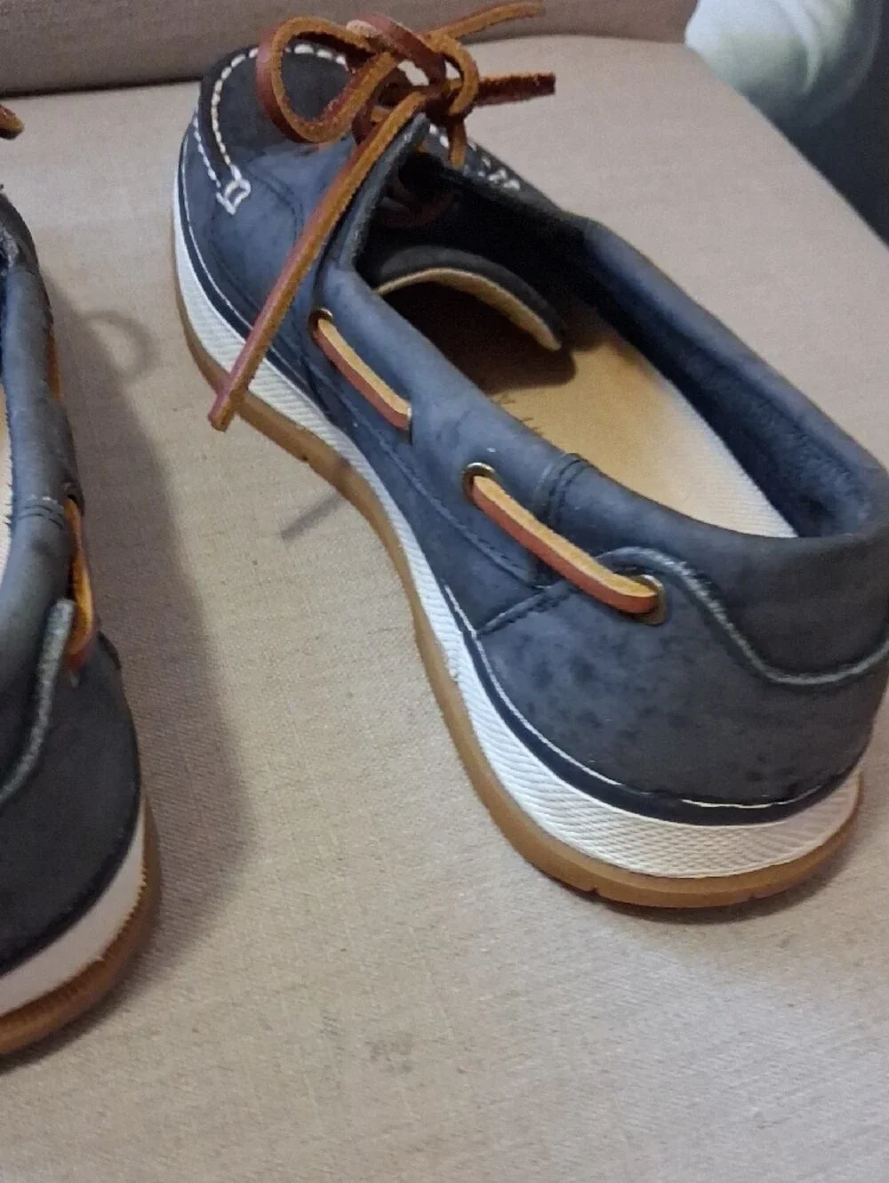 G.H. Bass & Co. Navy Leather Boat Shoes with Tan Laces